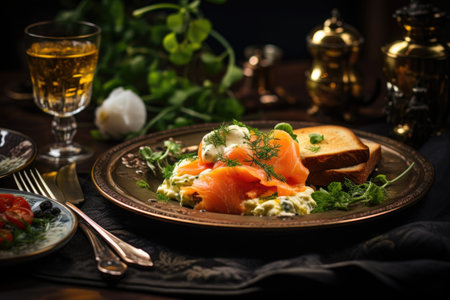 An elegant brunch spread with smoked salmon, scrambled eggs, and buttered toast. Generative AIの素材