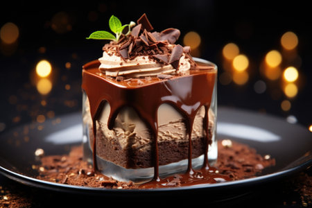 A close-up of a rich and creamy chocolate mousse dessert garnished with shaved chocolate. Generative AIの素材