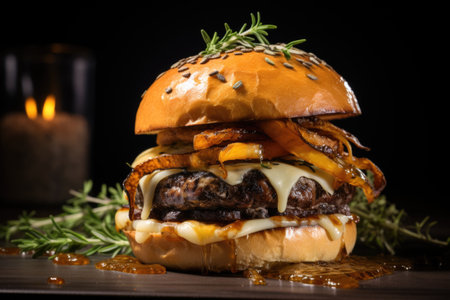 A gourmet burger topped with foie gras, truffle aioli, and caramelized onions. Generative AIの素材