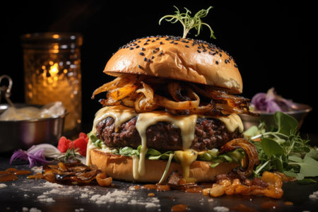 A gourmet burger topped with foie gras, truffle aioli, and caramelized onions. Generative AIの素材