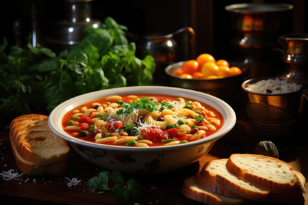A bowl of hearty minestrone soup filled with vegetables, beans, and pasta. Generative AIの素材