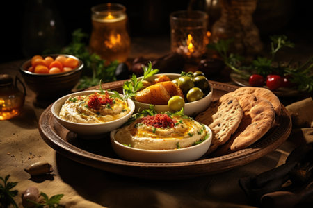 A plate of Mediterranean mezze featuring hummus, pita bread, olives, and falafel. Generative AIの素材