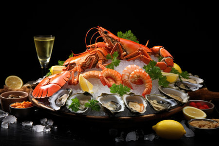 An elegant seafood platter featuring oysters, shrimp, and crab legs on ice. Generative AIの素材