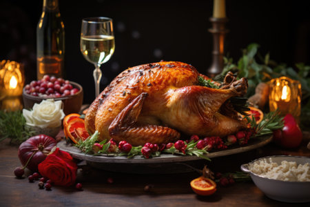 A festive table setting with a Thanksgiving turkey, stuffing, and cranberry sauce. Generative AIの素材