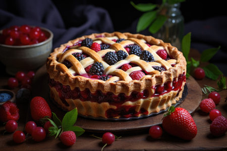 A rustic pie with a lattice crust, filled with a medley of fresh berries. Generative AIの素材