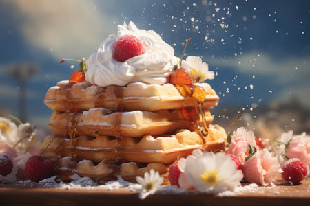 A stack of golden waffles topped with whipped cream, syrup, and a dusting of powdered sugar. Generative AIの素材
