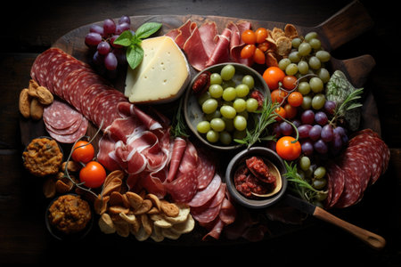 An overhead shot of a charcuterie board featuring an assortment of cured meats, cheeses, and olives. Generative AIの素材