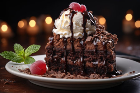 A close-up of a slice of decadent chocolate cake topped with a scoop of vanilla ice cream. Generative AIの素材