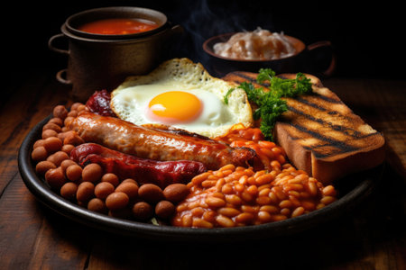 A traditional English breakfast with fried eggs, bacon, sausage, baked beans, and toast. Generative AIの素材