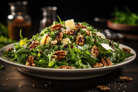 A gourmet salad with mixed greens, candied nuts, goat cheese, and a drizzle of tangy vinaigrette. Generative AIの素材