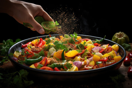 An artistic overhead shot of a hand sprinkling colorful spices onto a sizzling pan of vegetables. Generative AIの素材