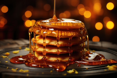 An artistic shot of a spoon drizzling honey over a stack of pancakes, capturing the golden stream. Generative AIの素材