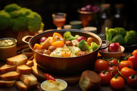 A close-up of a bubbling pot of fondue with skewers of bread, vegetables, and meat ready to dip. Generative AIの素材