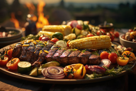 A picturesque outdoor barbecue with a variety of grilled meats, vegetables, and corn on the cob. Generative AIの素材