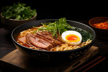 A flavorful bowl of ramen with tender slices of pork, soft-boiled egg, nori, and scallions in a rich broth. Generative AIの素材