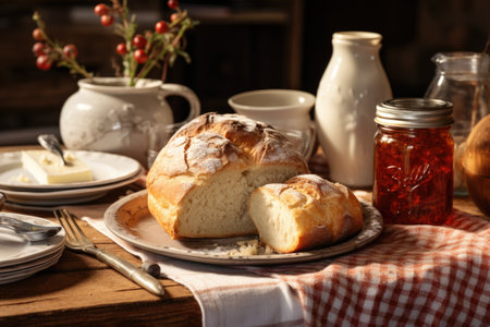 A rustic table setting with a loaf of freshly baked bread, butter, and a jar of homemade jam. Generative AIの素材
