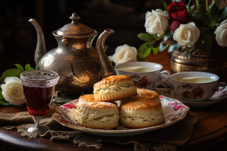 A classic English tea spread featuring scones, clotted cream, jam, and a steaming pot of tea. Generative AIの素材