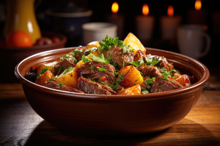 A hearty bowl of beef stew with chunks of meat, carrots, and potatoes, served in a rustic ceramic bowl. Generative AIの素材