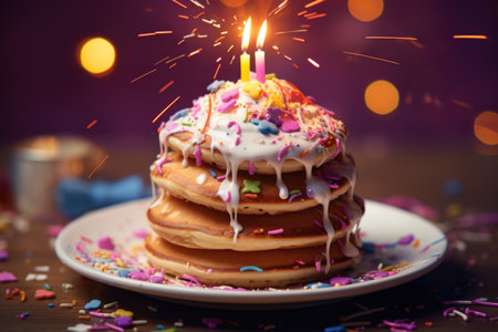 A festive scene featuring a stack of pancakes adorned with whipped cream, sprinkles, and a birthday candle. Generative AIの素材