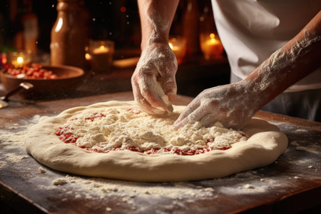 An artistic shot of a chef's hands skillfully shaping dough into a pizza crust, ready for toppings. Generative AIの素材