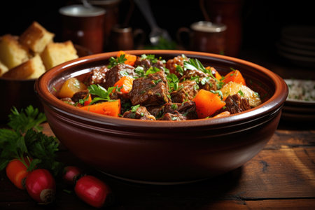 A hearty bowl of beef stew with chunks of meat, carrots, and potatoes, served in a rustic ceramic bowl. Generative AIの素材