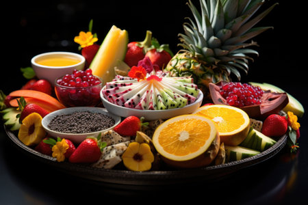 A tropical fruit platter with a variety of exotic fruits, including dragon fruit, starfruit, and passion fruit. Generative AIの素材