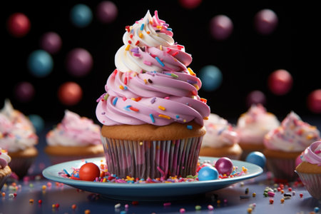 A whimsical cupcake tower featuring cupcakes decorated with vibrant frosting swirls and playful sprinkles. Generative AIの素材