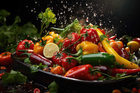 An artistic close-up of vibrant vegetables being tossed in a pan, capturing the sizzling and vibrant colors. Generative AIの素材