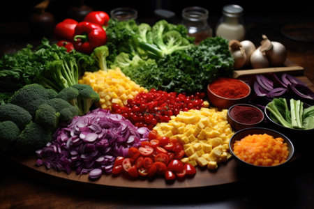 A colorful array of vegetables being chopped and prepared for a fresh and healthy stir-fry dish. Generative AIの素材