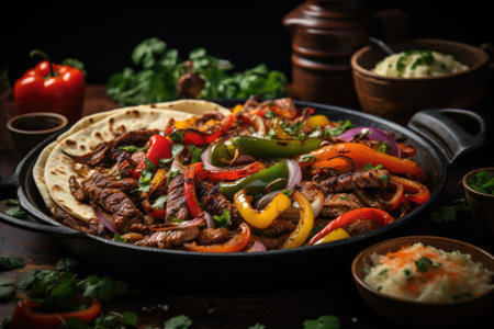 A shot of a sizzling skillet filled with fajitas, accompanied by sautの素材