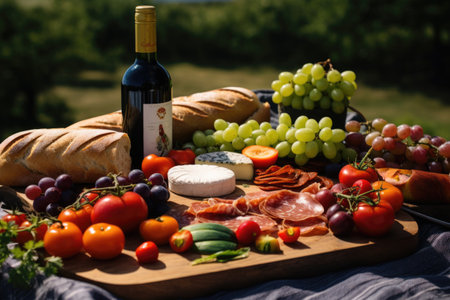 A picturesque picnic spread featuring sandwiches, salads, fruit, and a bottle of wine set against a natural backdrop. Generative AIの素材