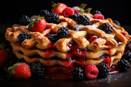 A close-up of a lattice-topped fruit pie with a mixture of berries spilling out from between the golden crust. Generative AIの素材