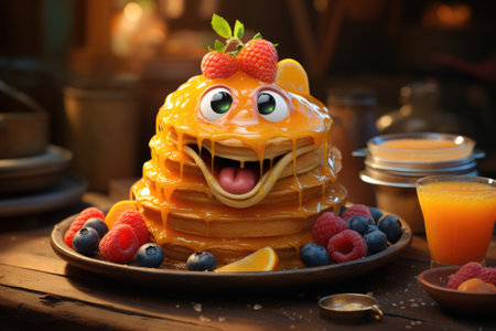 A whimsical scene featuring a stack of pancakes arranged to resemble a smiling face with fruit eyes and syrup smiles.の素材