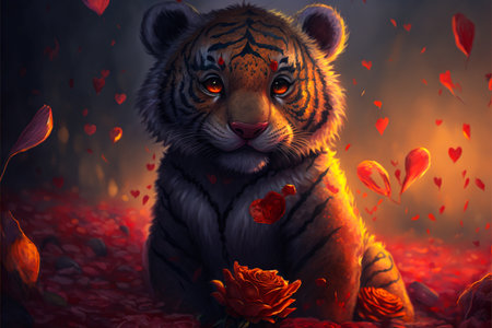 Tiger in the forest with red petals. 3d renderingの素材