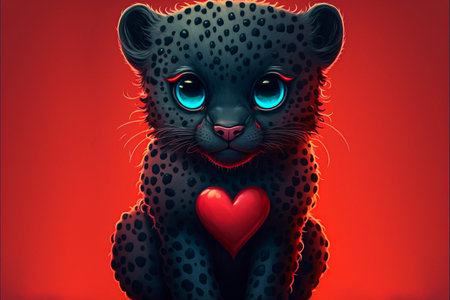 Cute funny leopard with red heart isolated on red background.の素材