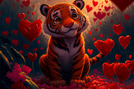 Tiger with red hearts, valentine's day background.の素材