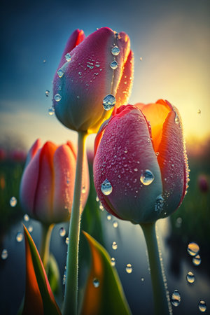 Beautiful tulips with dew drops at sunset. Nature backgroundの素材