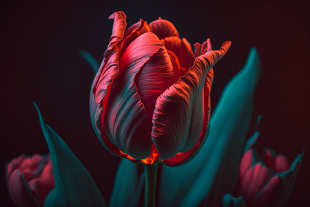 Beautiful tulips on dark background. Colorful tulips.の素材