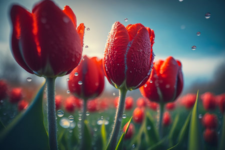 Red tulips with water drops in the field. Spring background.の素材