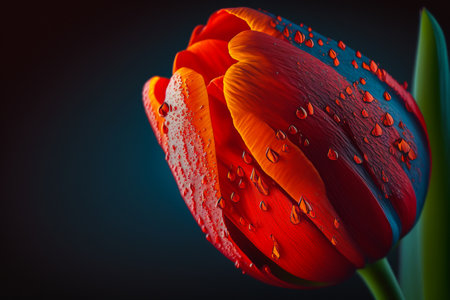 Red tulip with drops of water on a dark blue background.の素材