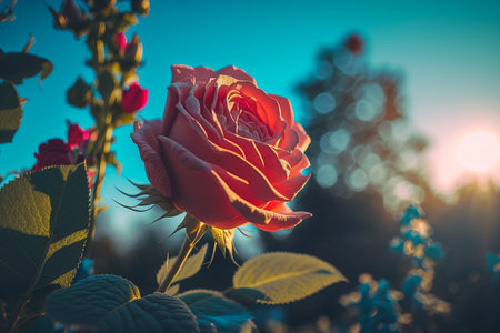 Beautiful red rose in the garden on a background of blue skyの素材