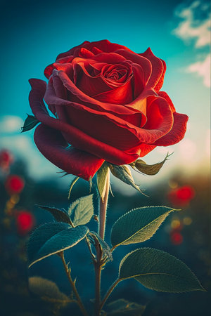 Beautiful red rose on a background of blue sky with clouds.の素材
