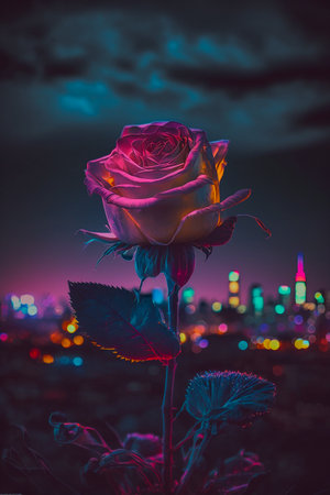 Beautiful rose flower in the garden with cityscape background at nightの素材