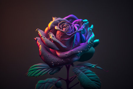 beautiful colorful rose with water drops on petals isolated on black backgroundの素材