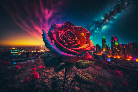 Beautiful red rose on the background of the night sky and the cityの素材