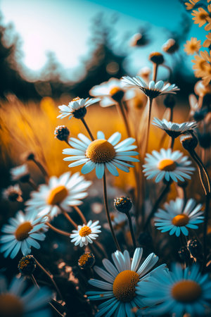 Field of daisies at sunset in the summer. Selective focus.の素材