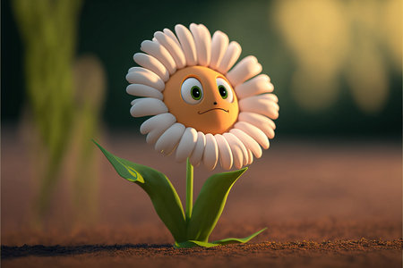 Cartoon daisy with sad face on the ground.の素材