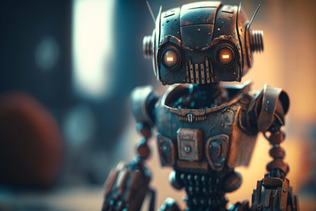 Retro robot toy on blurred background.の素材