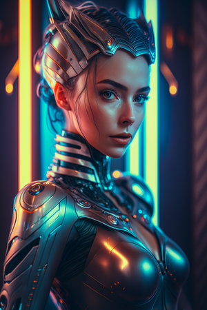 Portrait of a female cyborg with glowing armor.の素材