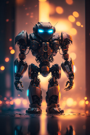 robot on the background of the night city.の素材